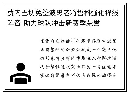 费内巴切免签波黑老将哲科强化锋线阵容 助力球队冲击新赛季荣誉 费内巴切免签波黑老将哲科强化锋线阵容 助力球队冲击新赛季荣誉